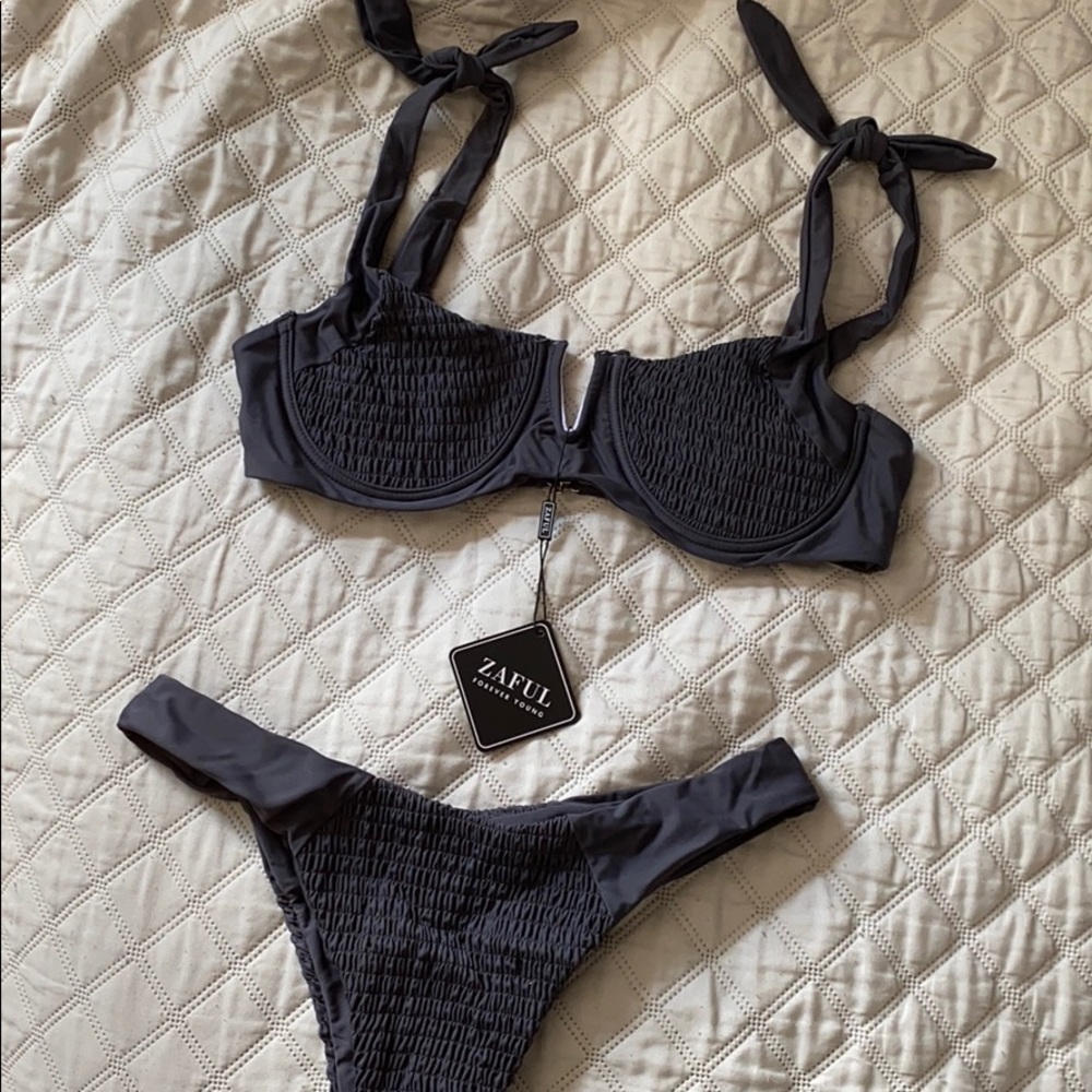 Dark Grey Smocked Zaful Bikini